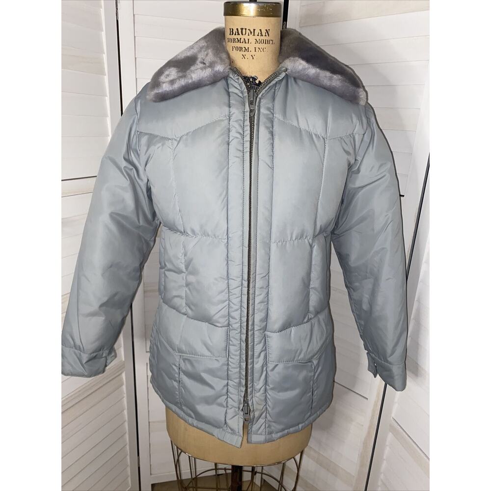 70s VTG Quilted Down Filled Tempco Faux Fur Collar Winter Jacket S/M Made In USA